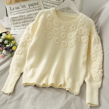 Saldus ir universalus gėlių siuvinėjimas laisvi ir plonas megztinis džemperis moterims 2020 m. rudenį vientisos spalvos ilgomis rankovėmis megztinis viršų