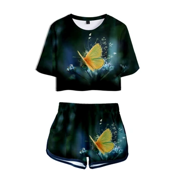 Harajuku Kawaii Drugelis 3D Atspausdintas Moterims Dviejų dalių Komplektas Mados Vasaros trumpomis Rankovėmis Pasėlių Top+Shorts Karšto Pardavimo Drabužių Streetwear