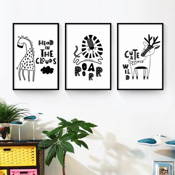 Mielas Juoda Ir Balta Gyvūnų Žirafa, Liūtas Elnias Drobės A3 Plakatai, Tapyba Ir grafika Sienos paveiksl Vaikų Kambarį, Namų Dekoro