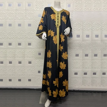 Elegantiškas Etninės Abaja Musulmonų Suknelė Moterims Juostelės V-Kaklo, Ilgomis Rankovėmis Klevo Lapų Spausdinimo Arabų Musulmonų Turkija Drabužius Juoda