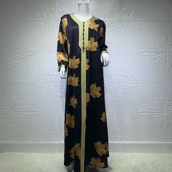 Elegantiškas Etninės Abaja Musulmonų Suknelė Moterims Juostelės V-Kaklo, Ilgomis Rankovėmis Klevo Lapų Spausdinimo Arabų Musulmonų Turkija Drabužius Juoda