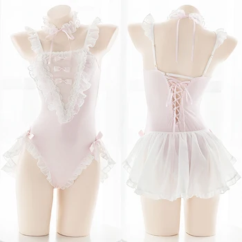 Japonų Mergina Bodysuit Mielas Sleepwear Diržas Jumpsuit Nėrinių Akių Bodysuits Tutu Baleto Dėvėti Rožinė Saldus Lolita