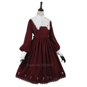 Gothic Lolita Dress Moterų Viduramžių Kryžiaus Kawaii Merginos Saldus Stovėti Sluoksniuotos Rankovėmis Princesė Vestidos Šalies helovinas Viduramžių Kostiumas