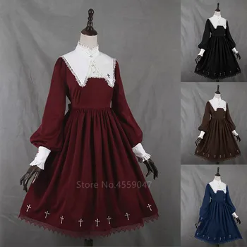 Gothic Lolita Dress Moterų Viduramžių Kryžiaus Kawaii Merginos Saldus Stovėti Sluoksniuotos Rankovėmis Princesė Vestidos Šalies helovinas Viduramžių Kostiumas