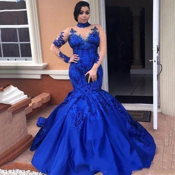 2019 Royal Blue Undinė Promenadzie Suknelė Aukštu Kaklu Ilgomis Rankovėmis Iliuzija Liemenė Appliques Teismas Traukinio Afrikos Arabų Vakare Šalis Suknelė