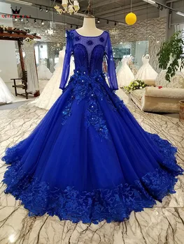 Kamuolys Suknelė ilgomis Rankovėmis Tiulio Gėlės Crystal Royal Blue Prabangių vakarinių Suknelių Realių Vakare Gown 2021 Vestido De Festa KC70