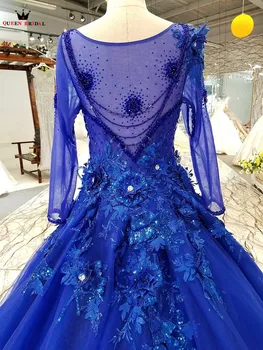 Kamuolys Suknelė ilgomis Rankovėmis Tiulio Gėlės Crystal Royal Blue Prabangių vakarinių Suknelių Realių Vakare Gown 2021 Vestido De Festa KC70