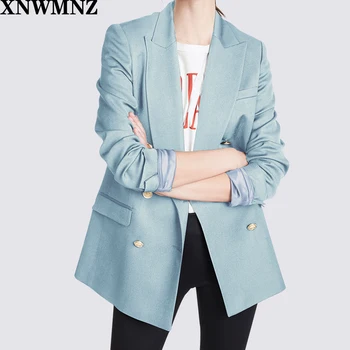 XNWMNZ Moterų Švarkas Rudenį, Pavasarį Klasikinis Mėlynos Dvigubo Breasted Office Nešioti ilgomis Rankovėmis Kailis 2020 Viršutiniai drabužiai Viršūnes za