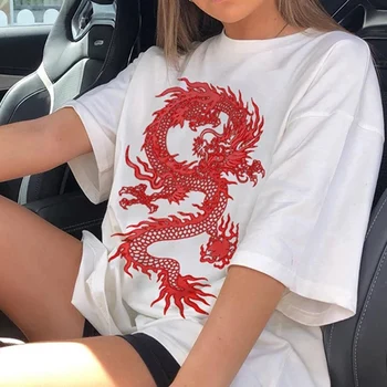 Vasaros Moterų marškinėliai Senovinių Kinų Drakonas Spausdinti Viršūnes Ulzzang Harajuku Negabaritinių Marškinėlius Streetwear Viršuje Moterų Marškinėliai Atsitiktinis