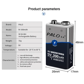 Palo 2-8pcs 300mah 9V nimh baterijos įkrovimo 9V baterija 6f22+usb 9V baterijos įkroviklio 9V nimh, li-ion įkraunama baterija