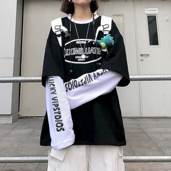 Moterų Grynos medvilnės ilgomis rankovėmis T-shirt moterų 2020 m. rudenį naujų korėjos studentų bat stilius laisvas letter spausdinimo netikrą dviejų dalių viršūnės