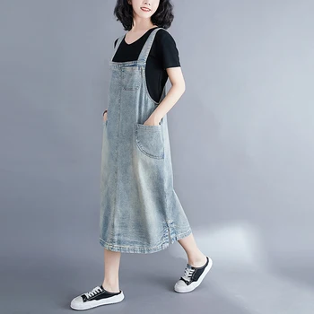 Plius Dydis Džinsinio Bendras Suknelė Moterims 2020 Naujas Vasaros Korėjos Stiliaus Spageti Dirželis Laisvas Atsitiktinis Džinsus Midi Suknelė