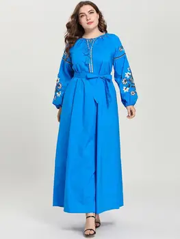 Plius Dydis Moterų Siuvinėjimo Abaja Musulmonų Šalis Kokteilis Kaftan Skraiste Maxi Suknelė Arabų Islamo Apranga O-kaklo Prarasti Suknelė 2019 Naujas