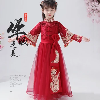 Merginos Hanfu sijonas Kinų stiliaus vaikų ilgomis rankovėmis Tango tiktų Pavasarį ir Rudenį mergina kostiumas cheongsam atostogų suknelė