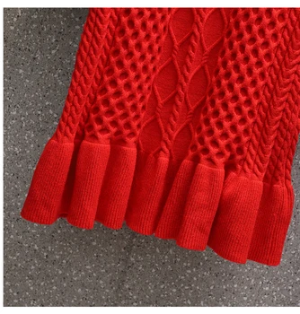 2020 m. Rudens Žiemos Elegantiškas Raudonas Megztas Megztinis Suknelė Vintage Moterys ilgomis Rankovėmis O-Kaklo Suknelė Saldus Ruffles Mermaid Dress Skraiste