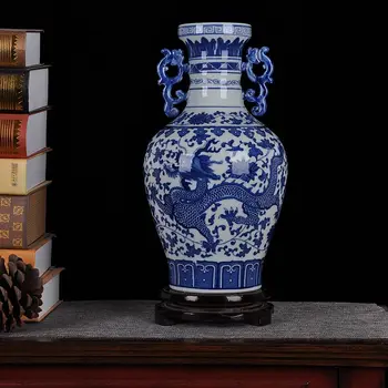 Jingdezhen keramika keramikos mėlynos ir baltos drakonas vaza papuošalai binaural kambarį apdailos pramonės įranga