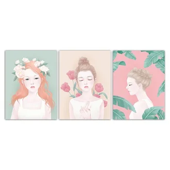 Šiaurės Apdailos Namų Meno Plakatas Akvarelė Gražių Gėlių Mergina, Drobė, Tapyba Modulinė Siena Nuotraukas, Miegamojo Puošimas