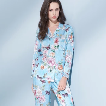Moterų Nekilnojamojo Šilko Pižama Nustatyti 2021 Spausdinti Pižamą Pyjama Femme Miego Lounge Bedgown Šilko Merginos Mėlyna Šilko Kostiumai Sleepwear