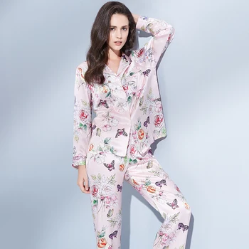 Moterų Nekilnojamojo Šilko Pižama Nustatyti 2021 Spausdinti Pižamą Pyjama Femme Miego Lounge Bedgown Šilko Merginos Mėlyna Šilko Kostiumai Sleepwear