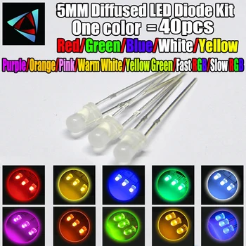 40pcs 5mm Rūkas LED Išsklaidytos Rinkinys 5 mm 3V Šilta Balta Žalia Raudona Mėlyna Geltona Oranžinė Violetinė UV Rožinė Greitai, Lėtai 10 spalvų RGB
