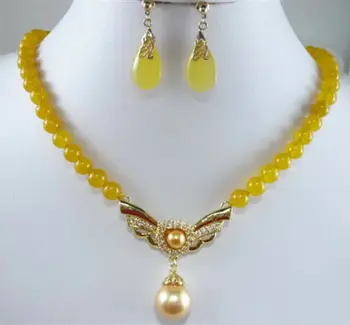Geltona Jade Golden Pearl Shell Kristalų Aukso Spalvos Pakabukas Karoliai, Auskarai Rinkinys