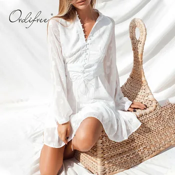 Ordifree 2021 M. Vasarą Moterys Šifono Mini Suknelė Ilgomis Rankovėmis Juostinės Polka Dot Spausdinti Tunika Vintage Paplūdimio Suknelė