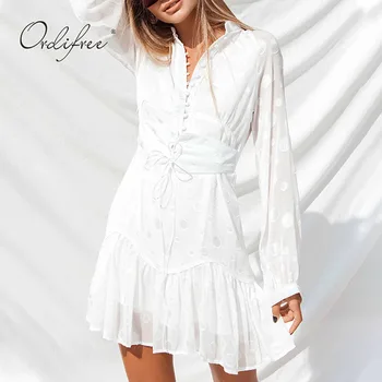 Ordifree 2021 M. Vasarą Moterys Šifono Mini Suknelė Ilgomis Rankovėmis Juostinės Polka Dot Spausdinti Tunika Vintage Paplūdimio Suknelė