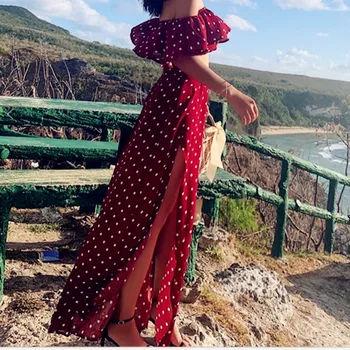 Moterų Off Peties Raudona Derliaus Dot Ilga Suknelė Summer Maxi Dress Šifono Pynimas Seksualus Paplūdimio Suknelės Vestidos