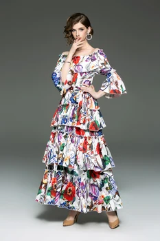 Moterų kilimo ir tūpimo Tako Dizainerių Suknelės Velniop Iškirpte Tierred Raukiniai Gėlių Spausdinti Varčios Diržo Mados Atsitiktinis Atostogų Suknelės