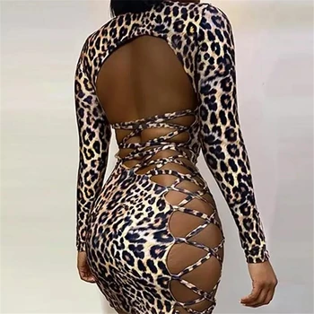 Leopard Suknelė Seksualus Šalis Suknelės Moterims Vakare Žiemos Drabužių Ilgomis Rankovėmis Bodycon Suknelės Backless Moterų Mini Suknelė Vestido