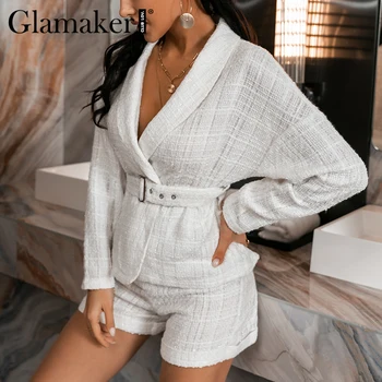 Glamaker Balta pavasarį, rudenį) 2 gabalas tinka Biuro ponios elegantiškas švarkas ir kelnės 2020 Moterų mados rinkiniai su diržu