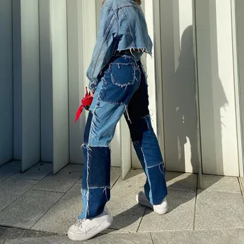 Moterų paaukštintu liemeniu Džinsai Hip-Hop Trimitas Kankina Atitikimo Spalvos Spliced Vintage Džinsai Streetwear Ilgos Kelnės Bėgiojimo Kelnės#g3