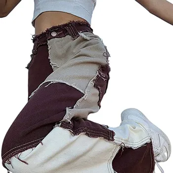 Moterų paaukštintu liemeniu Džinsai Hip-Hop Trimitas Kankina Atitikimo Spalvos Spliced Vintage Džinsai Streetwear Ilgos Kelnės Bėgiojimo Kelnės#g3