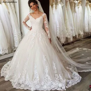 Elegantiškas Ilgas Rankovėmis Ir Nėrinių Vestuvių Suknelės 2019 V-Kaklo Iliuzija Arabų Sodas Šalies Mariage Chalatai Individualų Casamento
