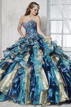 Pagal Užsakymą Pagaminti 2019 Vintage Blue Spalvinga Quinceanera Suknelės Organza Grindų Ilgis Princesė Merginos Nuotakos Saldus 15 16 Suknelės