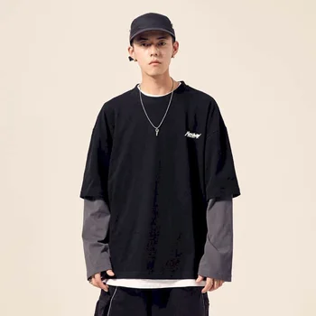 Nauja, t-shirt vyrai streetwear netikrą dviejų dalių ilgomis rankovėmis korėjos stiliaus daisy spausdinimo banga prekės labdaros dugno prarasti viršūnės