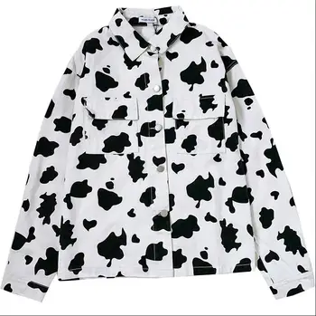 Japonijos retro kontrasto spalvų mielas karvių modelis dvigubai kišenėje laisvas megztinis švarkas