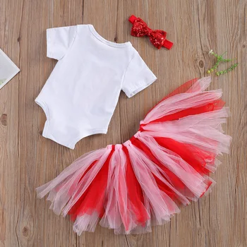 2021 m. pavasarį Valentino Diena naujas trijų dalių baby girl komplektas, balti trumpomis rankovėmis apvalios kaklo jumpsuit + raudonas sijonas + galvos apdangalai