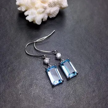 Klasikinės paprasta kvadratinių Pagalvę Gamtos mėlynas topazas lašas auskarai, 925 sidabras natūralus akmuo auskarai moterys šalis fine jewelry