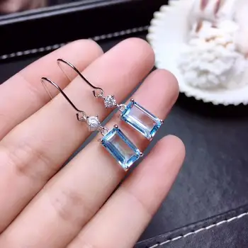 Klasikinės paprasta kvadratinių Pagalvę Gamtos mėlynas topazas lašas auskarai, 925 sidabras natūralus akmuo auskarai moterys šalis fine jewelry