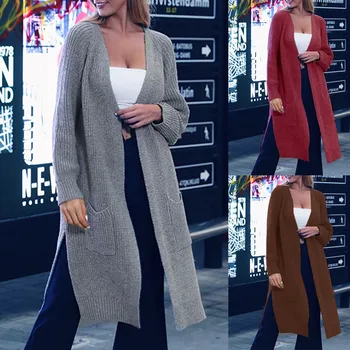 Mados Kieta moteris ilgas megztinis ilgomis Rankovėmis Pocket Cardigan Atsitiktinis Laisvas Megztinis Viršūnes Tranšėjos Paltai sueter mujer invierno 2019