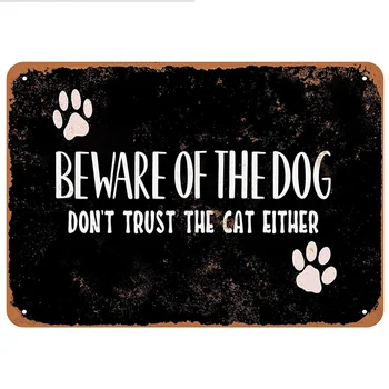 Sienos-Spalva Metalo Ženklas - Saugokitės Šuo nepasitiki Katė Arba (Juodas Fonas) - Derliaus Išvaizdą