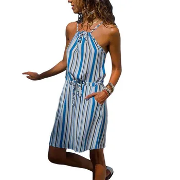 Vasaros Spalvotų Juostele Moterų Suknelė 2019 Naujas Spageti Dirželis Rankovių Mini Tunika Suknelė Atsitiktinis Boho Ponios Paplūdimio Sundress