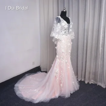 Blush Pink Undinė Vestuvių Suknelė su Skara Gėlių Nėrinių Appliqued Gilia V Iškirpte Nuotakos Suknelė