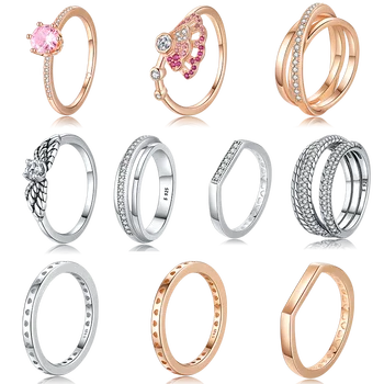10 Stilius Moterys Sidabro Spalvos Žiedai Su Angel Wing Rožinis Putojantis Karūna Solitaire Žiedas Crystal Moterų Papuošalai