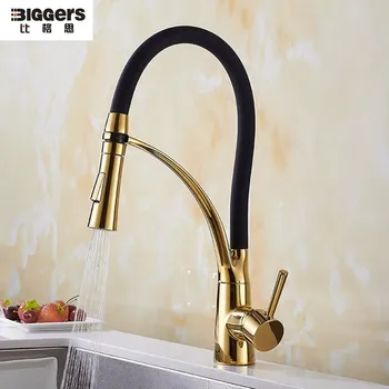 Nemokamas pristatymas Biggers modernus dizainas, Aukso spalvos, ištraukite virtuvės maišytuvas šalto-karšto vandens maišytuvas Pasukti viena rankena kontrolės