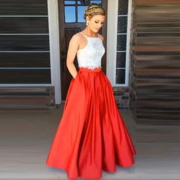 Dviejų dalių Promenadzie Suknelė 2020 Spageti Dirželis Balta ir Raudona Satino vakarinę Suknelę su Kišenėmis Mergaitė Grupė Dress Baigimo Suknelė