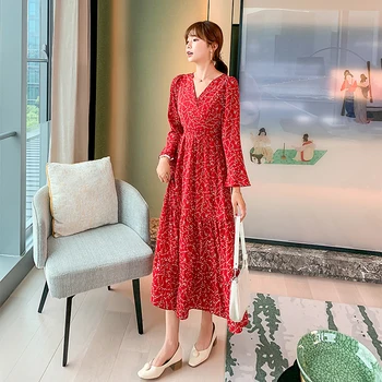 Moterų Ilgo Raudono Šifono Suknelė Rudenį, Pavasarį 2020 Kilimo Ir Tūpimo Tako Korėjos Ilgomis Rankovėmis Suknelės Elegantiškas Boho Atsitiktinis Atostogų Šalis Suknelė Nauja