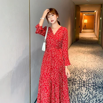 Moterų Ilgo Raudono Šifono Suknelė Rudenį, Pavasarį 2020 Kilimo Ir Tūpimo Tako Korėjos Ilgomis Rankovėmis Suknelės Elegantiškas Boho Atsitiktinis Atostogų Šalis Suknelė Nauja