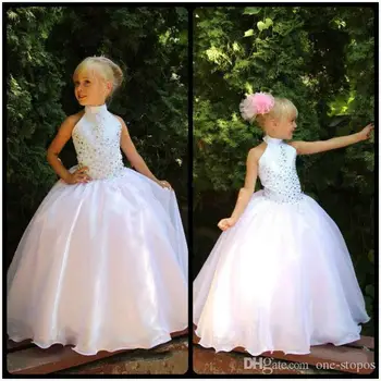 2021 Vaikiška Balta Pigūs Gėlių Mergaičių Suknelės Aukšto Kaklo Merginos Inscenizacija suknelės Organza Karoliukai Vaikams, Suknelės, šaliai